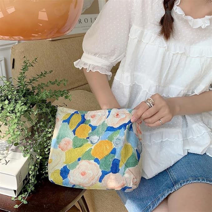 PAZIMIIK Floral Makeup Bag Large Cotton Zipper Pouch for Purse Travel Canvas Make Up Organizer for Women Cosmetic,Garden Blue