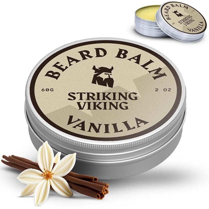 Striking Viking Beard Balm for Men - 2 oz, Vanilla Scent - Light Hold Moisturizer That Softens & Nourishes Coarse Facial Hair with Shea Butter & Tea Tree Oil