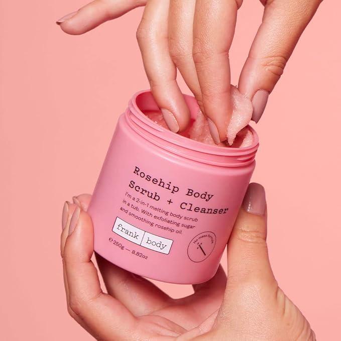 Frank Body Rosehip Body Scrub & Cleanser | Vegan, Cruelty Free, Exfoliating Body Scrub | Fades Marks and Softens Skin with Rosehip Oil, Coffee Seed Extract, and Lavender Oil | 8.82 oz / 250 g