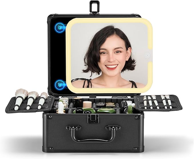 OMIRO Makeup Case, Makeup Bag with Light Up Mirror Set, Makeup Organizer Bag with Magnet Makeup Mirror for Women and Girls