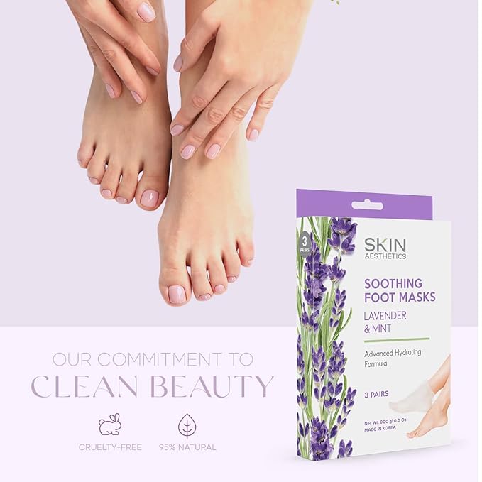 Lavender & Mint Foot Masks - Repairs & Softens Cracked Feet, Hydrating & Exfoliating - Dermatologist Tested Korean Skincare - Clean Beauty, Natural Ingredients, Cruelty-Free - 3 Pairs
