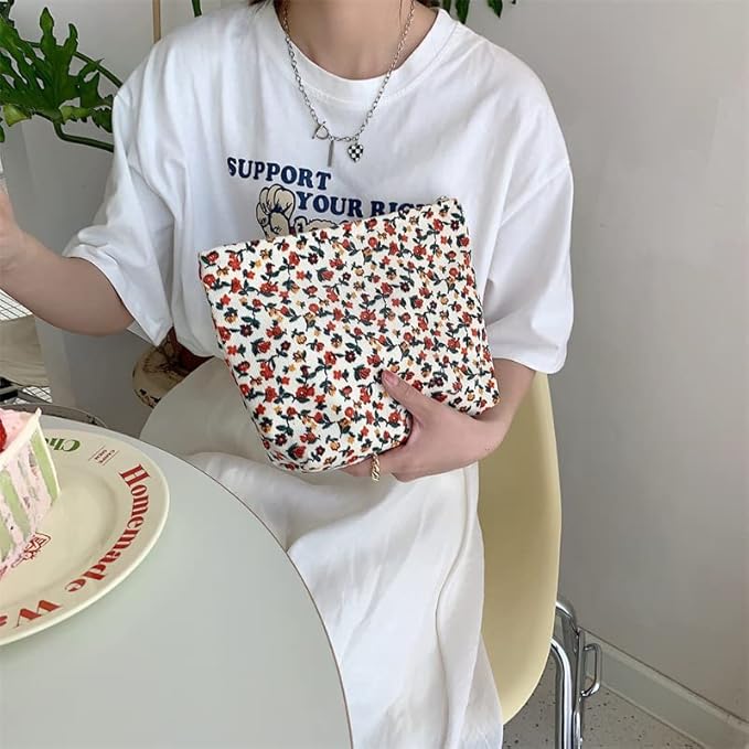 PAZIMIIK Makeup Bag Large Zipper Corduroy Make Up Pouch for Purse Travel Canvas Cosmetic Organizer for Women Brush Storage,Floral White