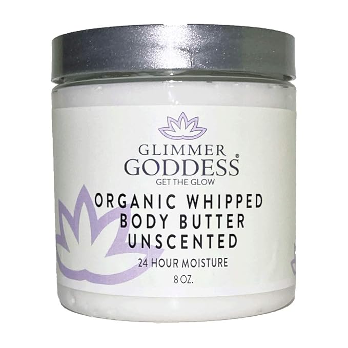 Glimmer Goddess Organic Whipped Body Butter for Women - Moisturizer Cream with Shea & Cocoa Butter, Almonds & Coconut Oil - Unscented, 8oz