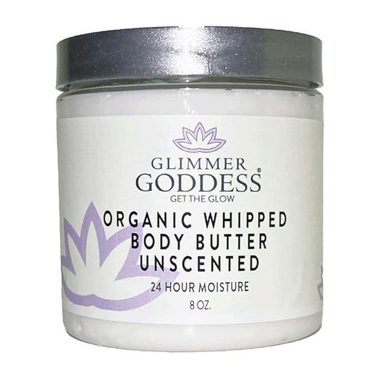 Glimmer Goddess Organic Whipped Body Butter for Women - Moisturizer Cream with Shea & Cocoa Butter, Almonds & Coconut Oil - Unscented, 8oz