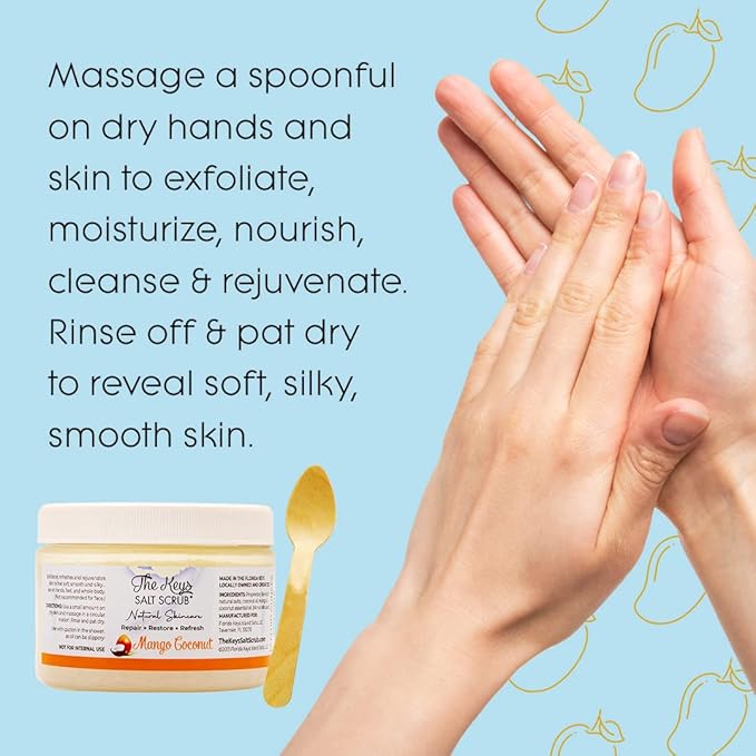The Keys Salt Scrub -Sea Salt Scrub - Exfoliating Body Scrub with Wooden Spoon - Moisturizing Exfoliator for Hands, Foot, Bath, (12 Ounce (Pack of 1), Mango Coconut)