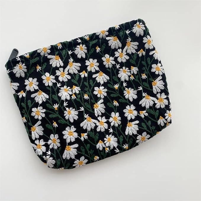 Makeup Bags for Purse Zipper Cosmetic Pouch Large Travel Canvas Make Up Organizer Tool Pouch for Women and Girls,Daisy Black