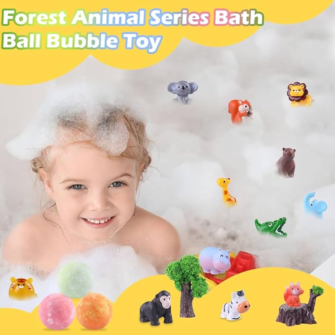 JOICEE Bath Bombs for Kids with Surprise Inside, 12 Pack Organic Natural Bath Bombs with Jungle Animal Toys Mini Model Trees Stones for Boys Girls Birthday Christmas Gift Set