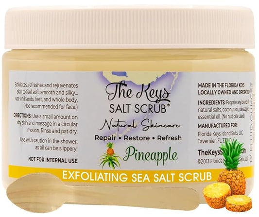 The Keys Salt Scrub -Sea Salt Scrub - Exfoliating Body Scrub with Wooden Spoon - Moisturizing Exfoliator for Hands, Foot, Bath, (12 Ounce (Pack of 1), Pineapple)
