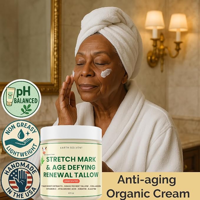 Stretch Mark & Age Defying Renewal Tallow – Yam Root, Coll-agen, Biotin, Vitamin C, Dead Sea Minerals, Hyaluronic Acid, Keratin & Elastin (8 fl oz, Warm Scent)