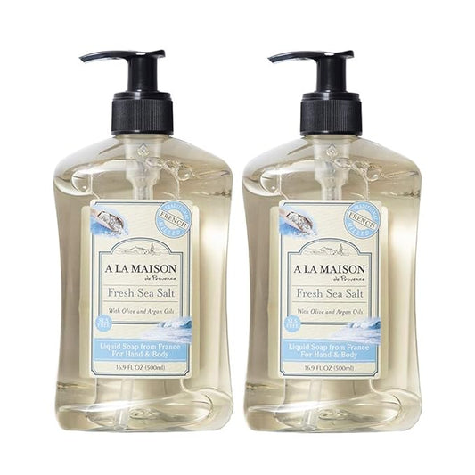 A LA MAISON de Provence Fresh Sea Salt Liquid Hand and Body Soap (Pack of 2) With Olive Oil, Coconut Oil and Vitamin E, 16.9 fl oz Each