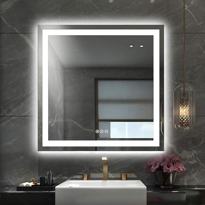 Amorho LED Bathroom Mirror 36"x 36" with Front and Backlight, Stepless Dimmable Wall Mirrors with Anti-Fog, Shatter-Proof, Memory, 3 Colors, Double LED Vanity Mirror