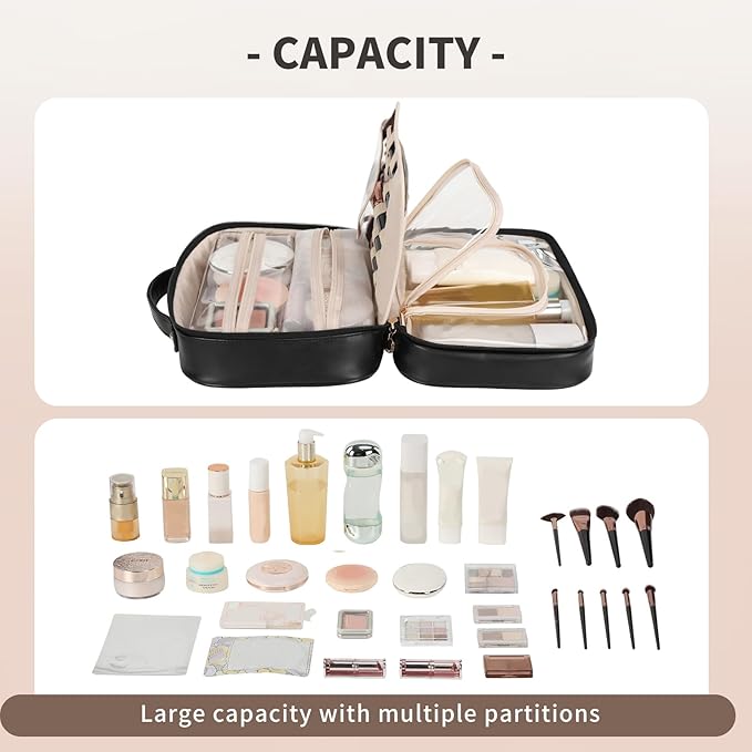 RIGHT AWAY Travel Toiletry Bag for Women, Makeup Bag& Cases, Waterproof Makeup Organizer Cosmetic Bag with Compartments,Portable Make Up Bag for Travel Size Toiletries,Skincare,Brushes Set,Black