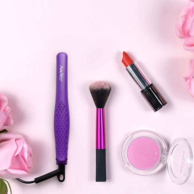 AmoVee Mini Flat Iron, 0.7 Inch Mini Hair Straightener, Small Flat Iron for Short Hair,Curls Bangs, Dual Voltage Travel Hair Straightener（Purple）