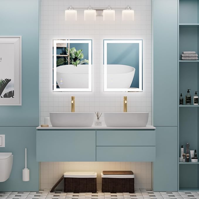 20"x 28" LED Bathroom Mirror, 3 Colors Vanity Mirror with Lights, Front and Backlit Bathroom Mirror with Lights, LED Smart Mirror for Bathroom, Tempered Glass, Anti-Fog, Stepless Dimmable, Memory