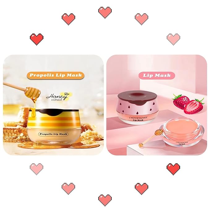 4PCS Nourishing Bee Lip Balm Honey Pot, Honey & Strawberry Lip Mask Moisturizing Lip Balm with Brush, Hydrating & Prevention Dry and Cracked Lips Reduces Lip Lines Lip Care Product
