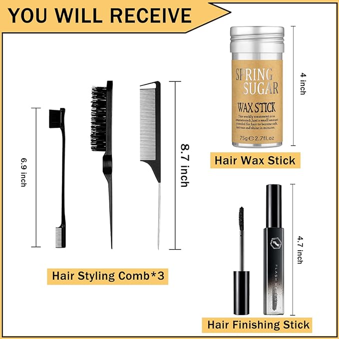5 Pcs Hair Wax Stick for Flyaways Edge Control Slick - Styling Tools Includes , Finishing , Comb, Gel for Fly Away for Women