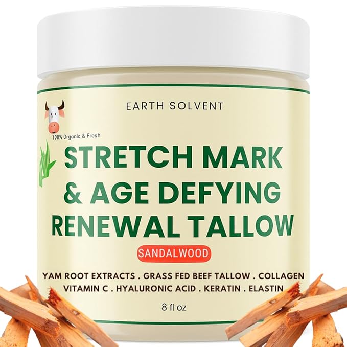 Stretch Mark & Age Defying Renewal Tallow – Yam Root, Coll-agen, Biotin, Vitamin C, Dead Sea Minerals, Hyaluronic Acid, Keratin & Elastin (8 fl oz, Sandalwood)
