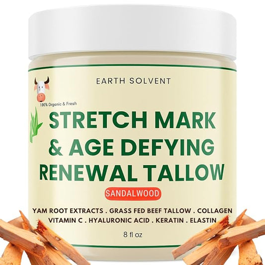 Stretch Mark & Age Defying Renewal Tallow – Yam Root, Coll-agen, Biotin, Vitamin C, Dead Sea Minerals, Hyaluronic Acid, Keratin & Elastin (8 fl oz, Sandalwood)