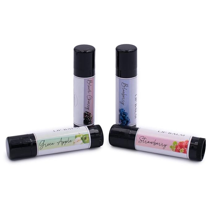 Lip Balm Sweet Fruits 4-Pack, Strawberry Blueberry Black Cherry Green Apple, Natural Beeswax, Moisturizing Lip Treatment, 4 Tubes, 0.15 oz., White