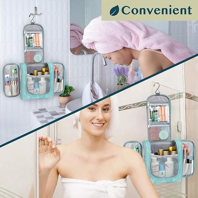 PAVILIA Toiletry Bag Travel Bag for Women Men, Hanging Cosmetic Organizer, Water Resistant Makeup Bag for Accessories Toiletries, Large Travel Essentials Kit (Teal Chevron)