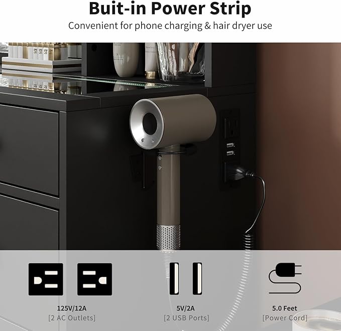 Vanity with Power Outlet, Vanity Desk with Mirror and 10 LED Lights, 10 Drawers Makeup Vanity with 6 Shelves, Fold-up Panel, Dressing Table for Bedroom, Black