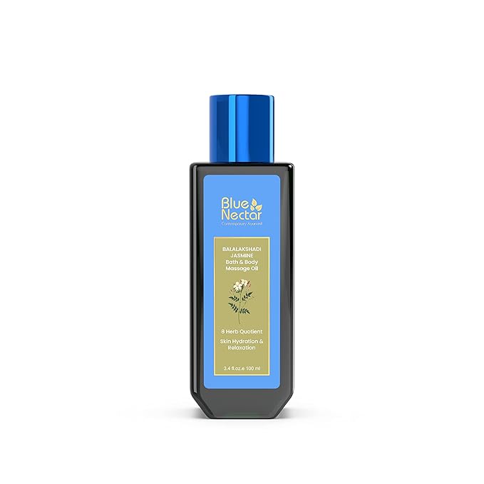 Blue Nectar Sensuous Jasmine Body Massage Oil for Relaxing Massage Therapy with Essential Oils | 100% Natural Ingredients (8 Herbs,3.4 fl oz)