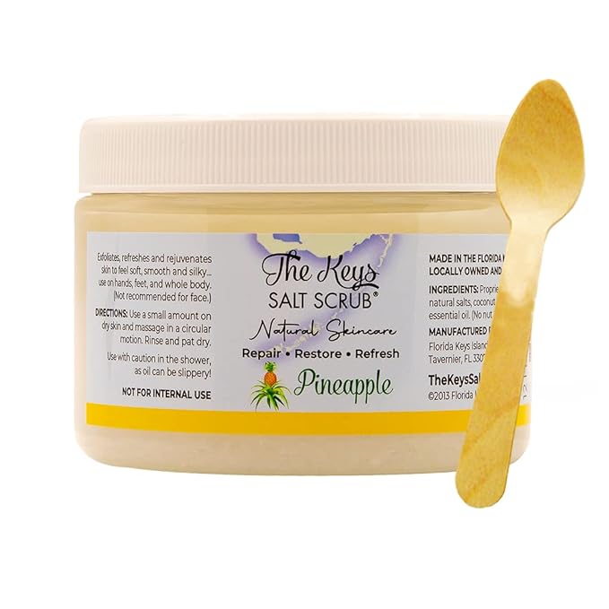 The Keys Salt Scrub -Sea Salt Scrub - Exfoliating Body Scrub with Wooden Spoon - Moisturizing Exfoliator for Hands, Foot, Bath, (12 Ounce (Pack of 1), Pineapple)