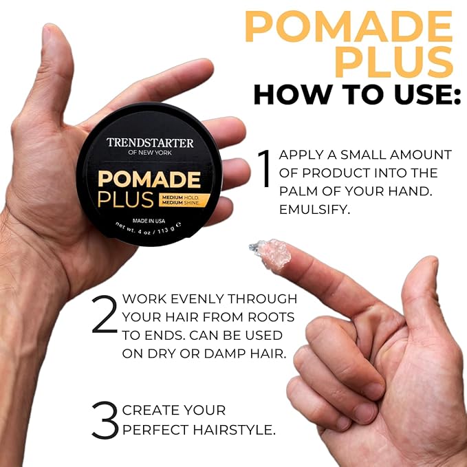 TRENDSTARTER Pomade Plus, 4 oz - Medium Hold and Shine, Premium Flake-Free Water-Based Hair Styling Gel for All Hair Types - Pack of 2 - Includes Argan Oil, Made in USA