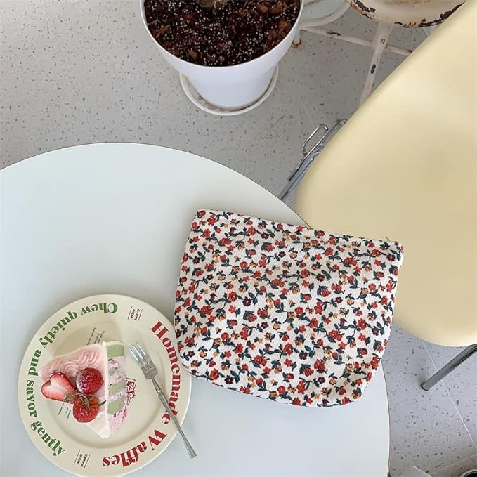 PAZIMIIK Makeup Bag Large Zipper Corduroy Make Up Pouch for Purse Travel Canvas Cosmetic Organizer for Women Brush Storage,Floral White