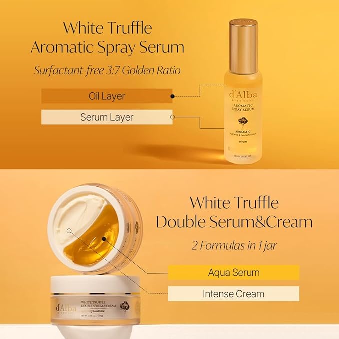 d'Alba Italian White Truffle Vegan Gift for HER, First Aromatic Spray Serum & Double Serum & Cream, Facial Skincare Gift Set