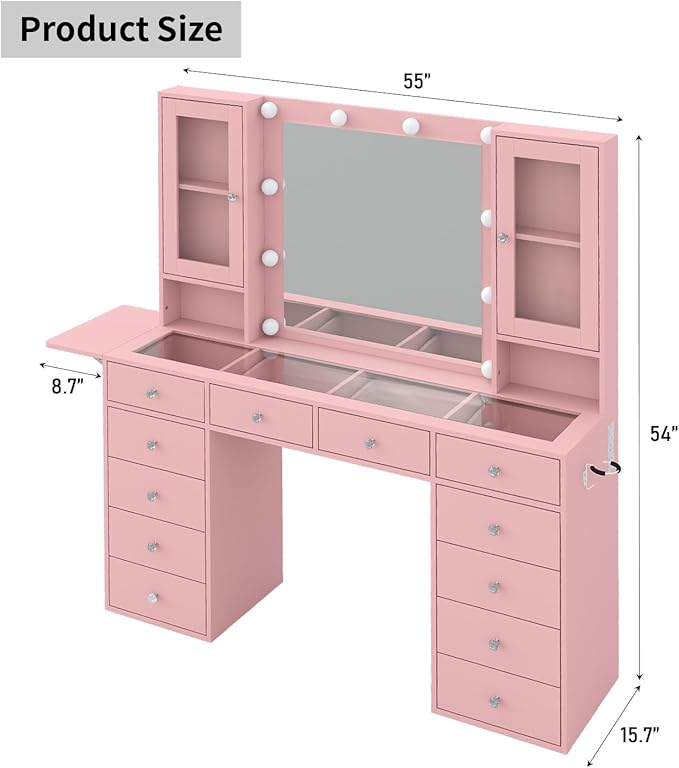 Vanity with Mirror and 10 LED Lights,Vanity Desk with Power Outlet, Makeup Vanity with 12 Drawers and 2 Cabinets, Fold-up Panel, Glass Top Vanity Table with Chair for Bedroom, Pink