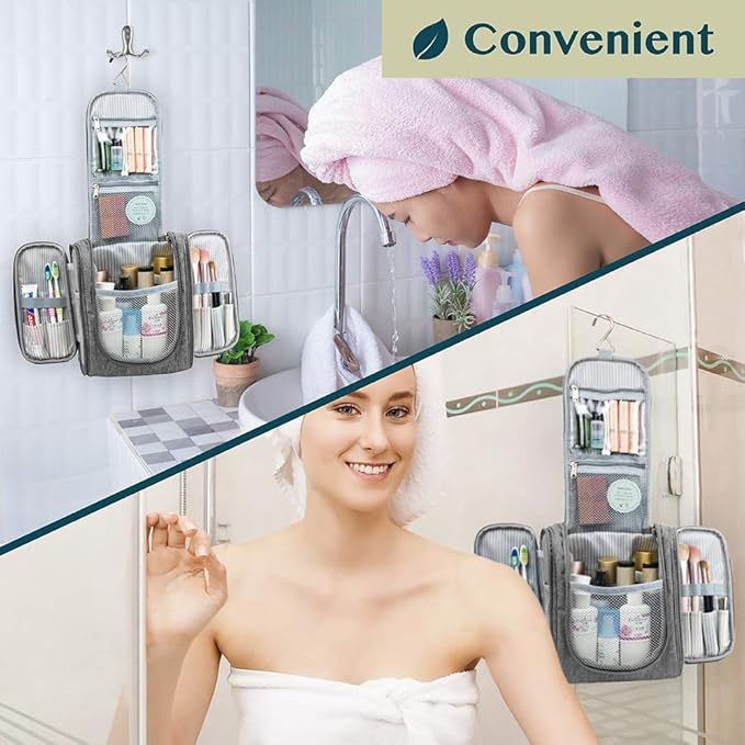 PAVILIA Toiletry Bag Travel Bag for Women Men, Hanging Cosmetic Organizer, Water Resistant Makeup Bag for Accessories Toiletries, Large Travel Essentials Kit (Grey)