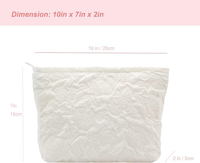 Makeup Bags for Purse Zipper Cosmetic Pouch Large Travel Canvas Make Up Organizer Tool Pouch for Women and Girls,Flower Ivory