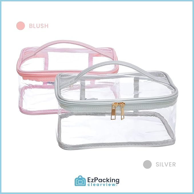 Large Cosmetic Bag for Women / Clear, See-Through Makeup, Hair & Nail Accessories Pouch for Travel or Home / Transparent PVC Plastic Organizer, Spacious Interior, Handle & Double Zippers (Silver)