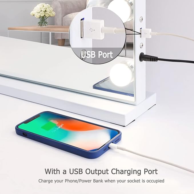 Hansong Vanity Mirror with Lights and Bluetooth Extra Large Hollywood Makeup Mirror with 18 pcs LED Bulbs Lighted Mirror with USB Charging,3 Color Lighting Modes Tabletop or Wall Mount