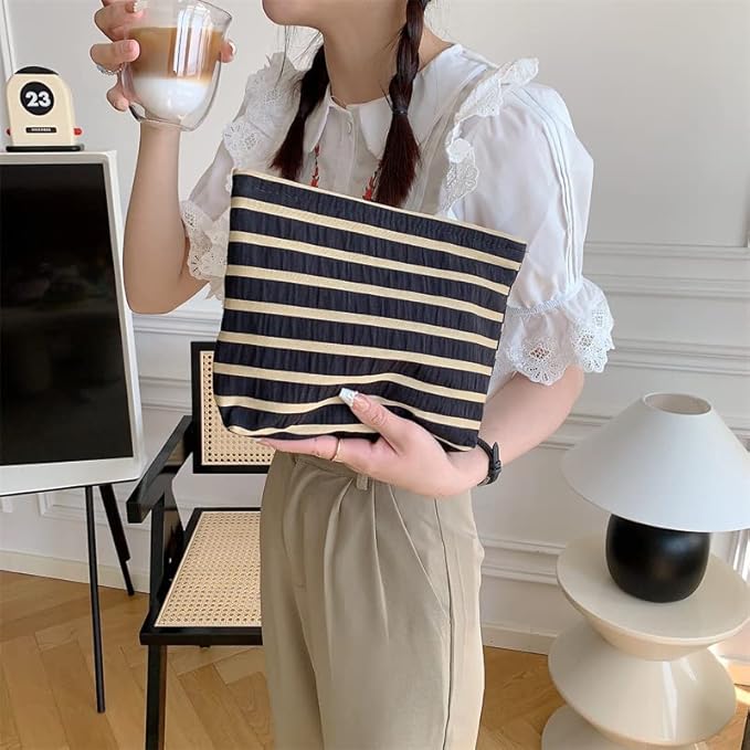 PAZIMIIK Floral Makeup Bag Large Cotton Zipper Pouch for Purse Travel Canvas Make Up Organizer for Women Cosmetic,Stripe Black