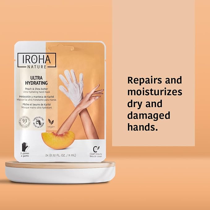 IROHA NATURE Repairing Hand Mask Gloves | 4 Pairs | Peach & Shea Butter | Hydration & Repair for Damaged & Cracked Hands | Vegan & 93% Natural Ingredients