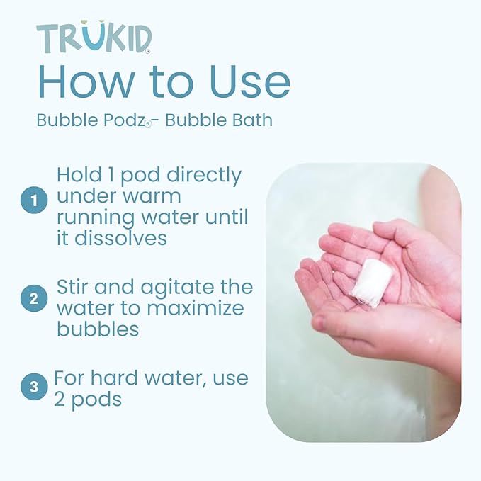 TruKid Bubble Podz Bubble Bath for Kids, Toddlers, & Babies, Tear Free Gentle & Refreshing Bath Bomb for Sensitive Skin with Natural Moisturizers, Non-Toxic, pH Balanced, Bubble Gum Scent (24 Podz)