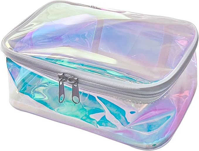 Holographic Makeup Bags Bulk,Clear Storage Bag Toiletry Pocket Portable Zippered Iridescent Pouch Waterproof Cosmetic Gift Bags for Women (Holographic Pink(White Frame))