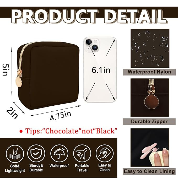 Mini Makeup Pouch for Purse, Small Cosmetic Bag Pouch Nylon Travel Toiletry Organizers Bag for Women Girls, Cute Zipper Coin Purse Preppy Storage Purse for School Work(Mini-Chocolate)