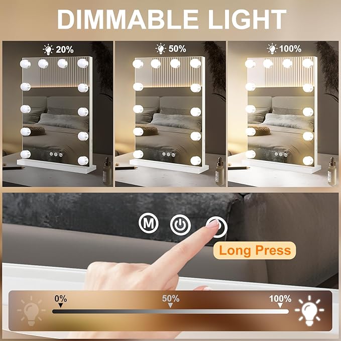 Hollywood Vanity Mirror with Lights, 12 Dimmable Bulbs, 3 Color Lights,Make Up Lighted Mirror, Aluminum Metal Frame, USB Charging Port（14" x 18"）