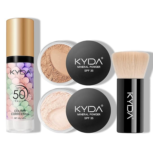 KYDA Mineral Makeup Kit, Includes SPF 50 Color Correcting Primer, SPF 35 Loose Powder Foundation + Translucent Loose Setting Powder, Foundation Brush, Makeup Starter Set, Travel Size - Medium Beige