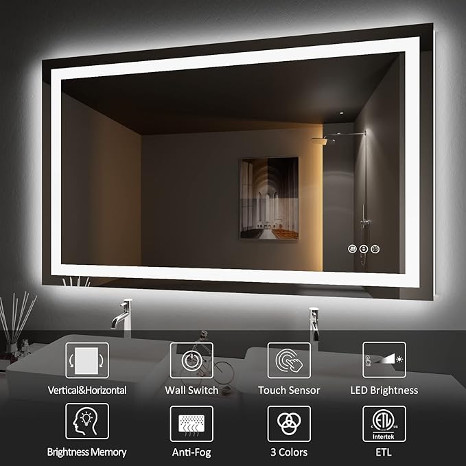 Amorho LED Bathroom Mirror 48'' X30'' with Front and Backlit, Stepless Dimmable Wall Mirrors with Anti-Fog, Shatter-Proof, Memory, 3 Colors, Double LED Vanity Mirror (Horizontal/Vertical)