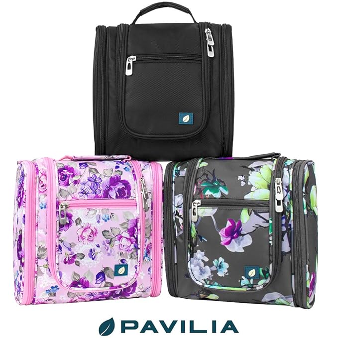 PAVILIA Toiletry Bag Travel Bag for Women Men, Hanging Cosmetic Organizer, Water Resistant Makeup Bag for Accessories Toiletries, Large Travel Essentials Kit (Floral Grey)