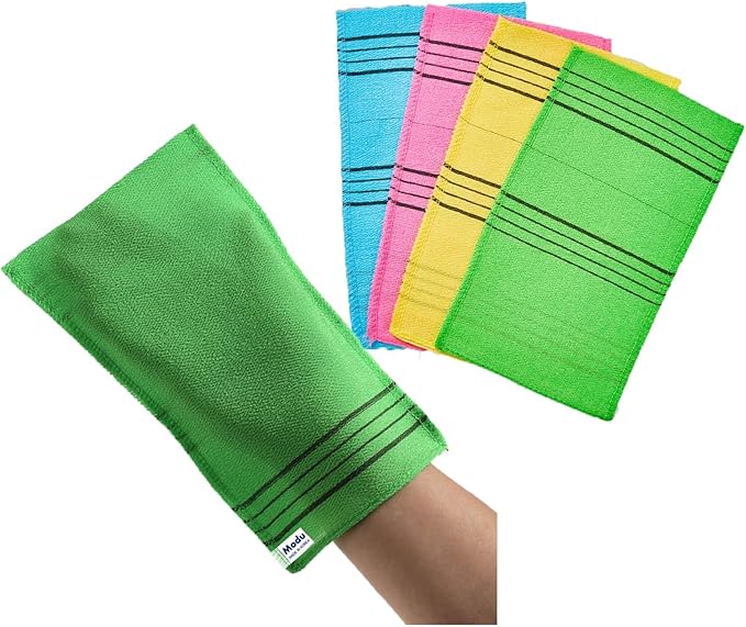 Modu Korean Exfoliating Mitts Large 4PCS (Green, Yellow, Sky Blue, Pink) – Exfoliating Gloves Body Scrubber Italy Towel Washcloth for Korean Spa at Home, Dead Skin Remover, 100% Vegan Viscose