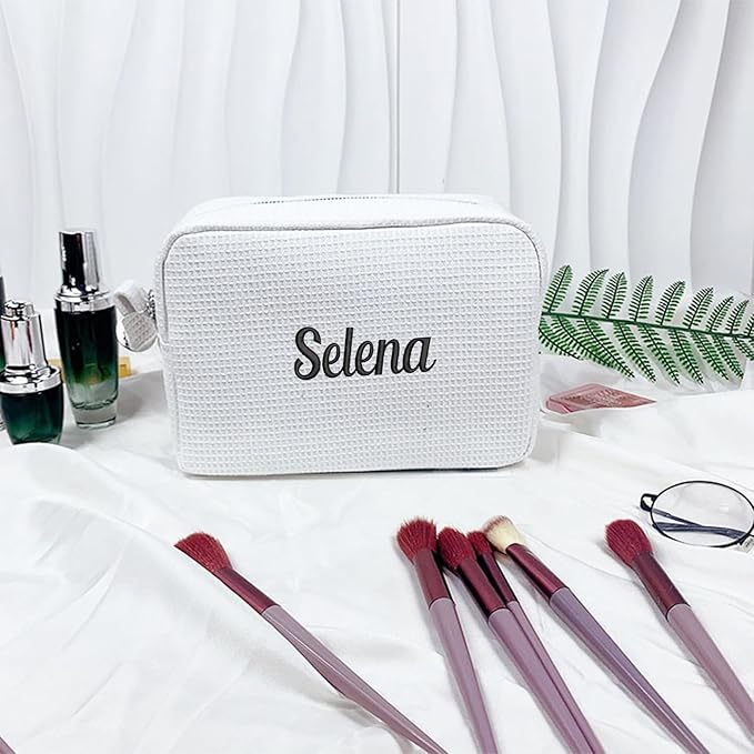 GOPHIE Personalized Embroidered Makeup Bag,Custom Waffle Fabric Cosmetic Pouch for Women, Travel Makeup Pouch (1, White)