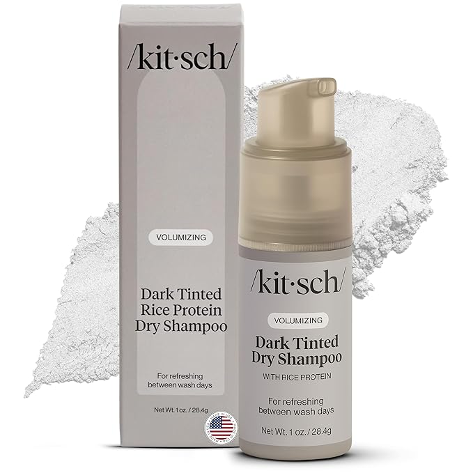 Kitsch Volumizing Rice Protein Dry Shampoo Powder - Dry Shampoo for Women & Men, Dark Hair, No White Cast, Absorbs Oil, Non-Greasy, Fragrance Free, Travel Size in Pump Form - Dark Tinted 1oz