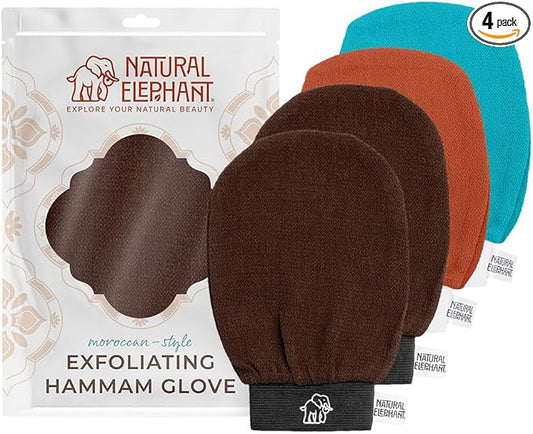 Natural Elephant Exfoliating Kessa Glove - Face and Body Exfoliator Hammam Mitt (2 Brown. Orange and Teal (Pack of 4))