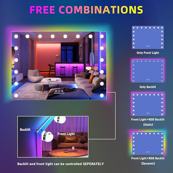 FENCHILIN RGB LED Vanity Mirror with Front Light and RGB Backlit Lighted Hollywood Makeup Mirror with 18 Dimmable Bulbs Smart Touch for Bedroom (32"x23") White