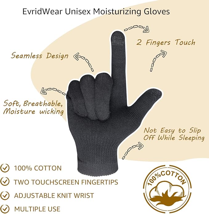 Evridwear Men Moisturizing Cotton Gloves with Touchscreen Fingertips for Eczema Beauty Cosmetic Dry Hands Sensitive Irritated Skin Therapy Overnight Bedtime, 6 Pairs, Lightweight-Black, XS